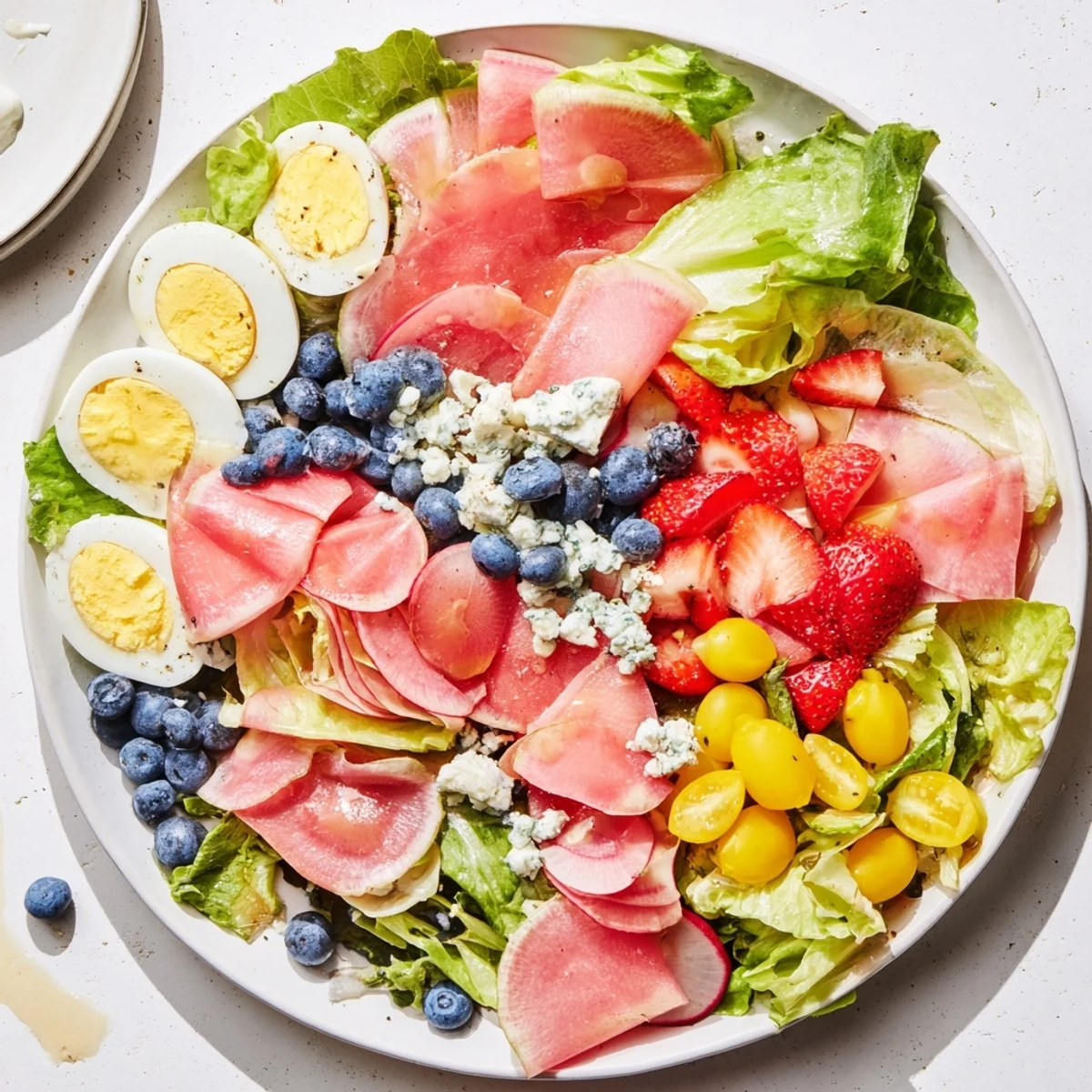 A beautiful Baby Shower Pastel Palette Salad with pastel fruits and vegetables makes a pretty centerpiece.