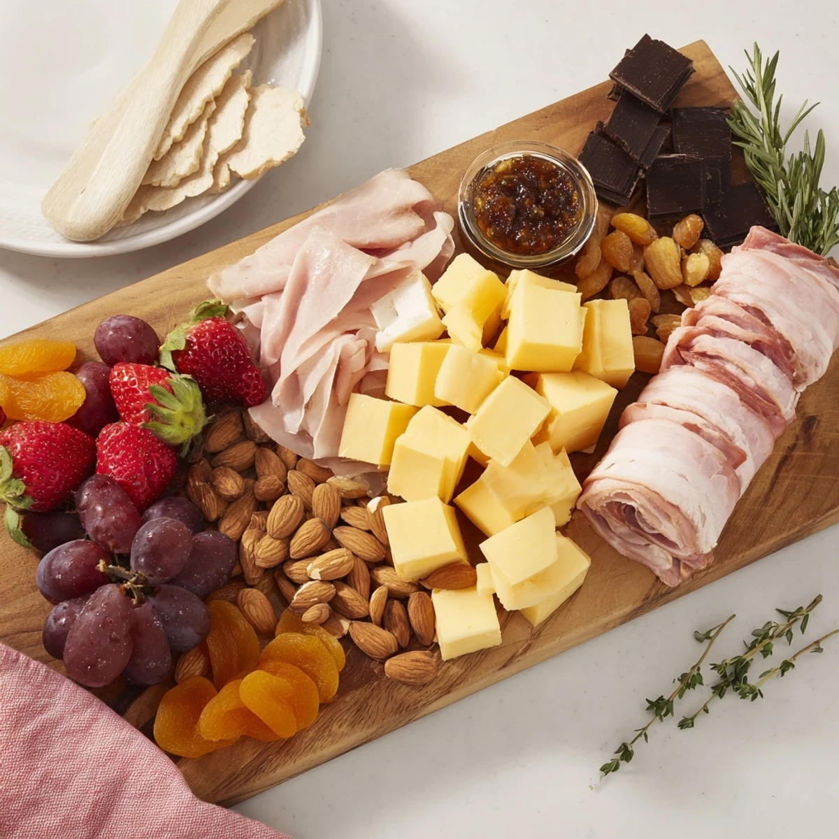 Beautifully arranged Anniversary Heirloom Arrangement features strawberries, chocolate, and aromatic rosemary garnishes.