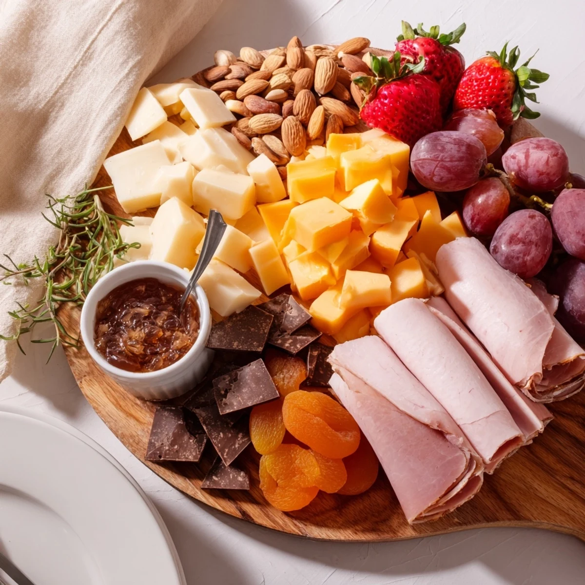 Artfully crafted Anniversary Heirloom Arrangement showcases sliced prosciutto alongside colorful, flavorful fruits and nuts.