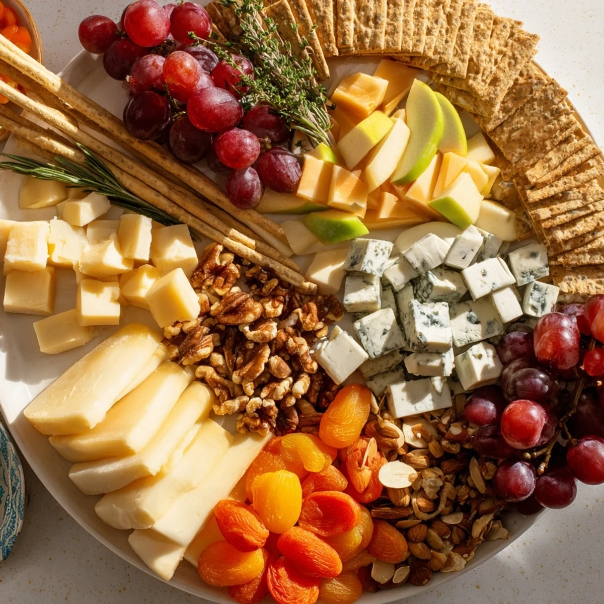 Perfect for guests: a vibrant Housewarming Open House Spread including cheeses, crackers, and delicious garnishes.