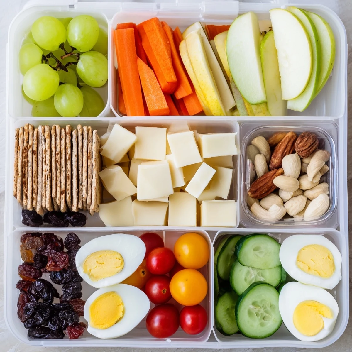 Road Trip Snack Box: A colorful, well-packed snack box overflowing with fresh fruits and savory bites.