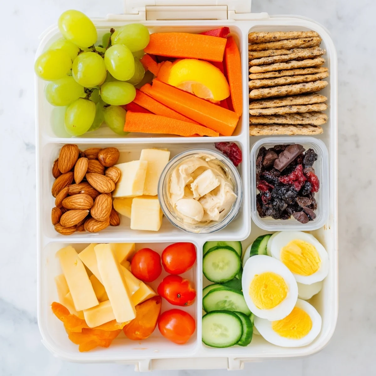 This Road Trip Snack Box features a tempting mix of veggies, cheeses, and sweet treats ready to enjoy.