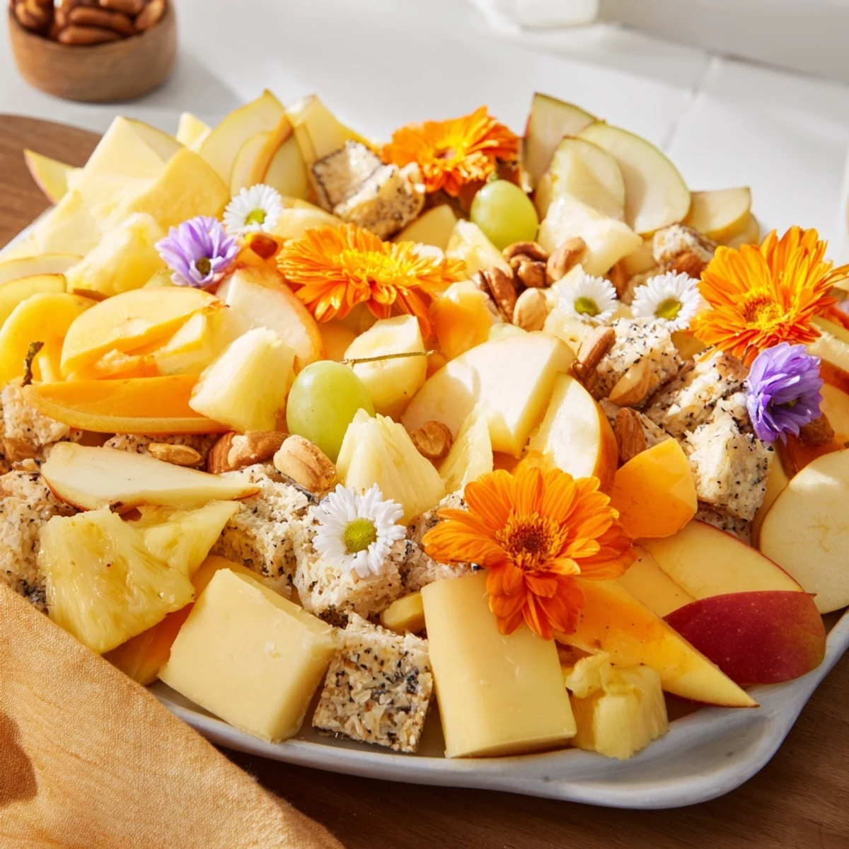 A beautifully arranged Bridal Shower Bubbly Board overflowing with white cheeses, fruits, and sparkling wine.