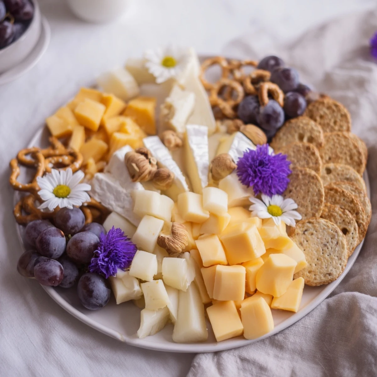 This Bridal Shower Bubbly Board displays creamy cheeses, fresh fruit, and crisp crackers, ready to enjoy.