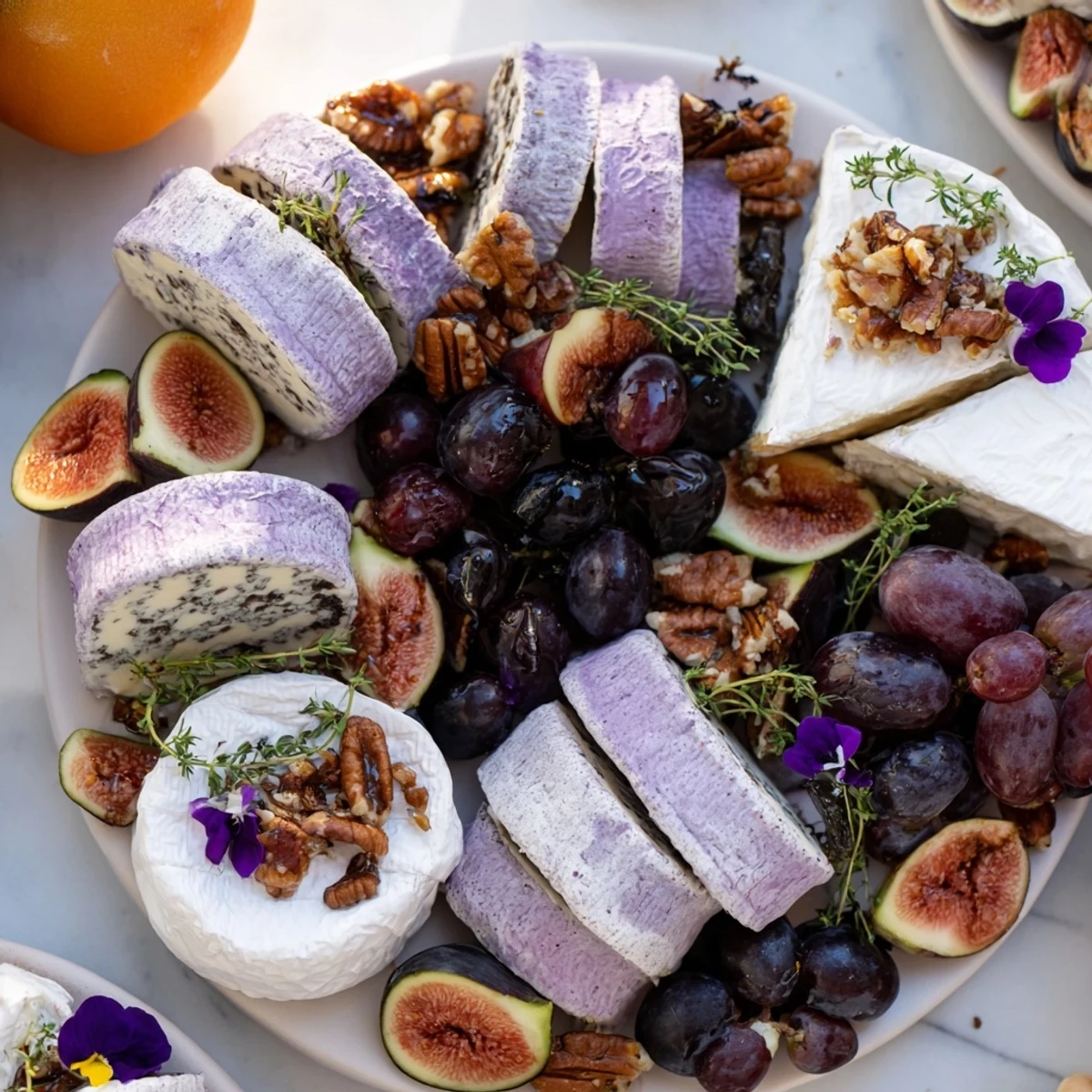 The Lavender Haze cheese platter with creamy brie and goat cheese, garnished with edible flowers.