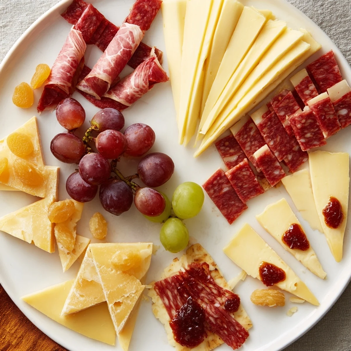 Perfectly geometric Geometric Gala appetizer, visually stunning with creative cheese and meat shapes and garnishes.