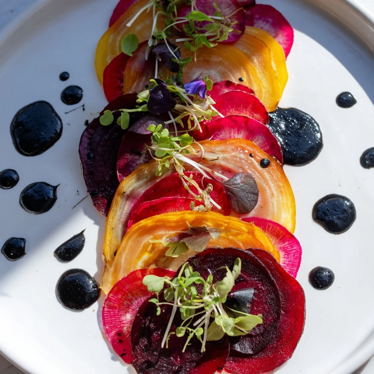 Golden and red beets layered to form a dramatic, colorful "The Shadow Play" appetizer, drizzled with dressing.