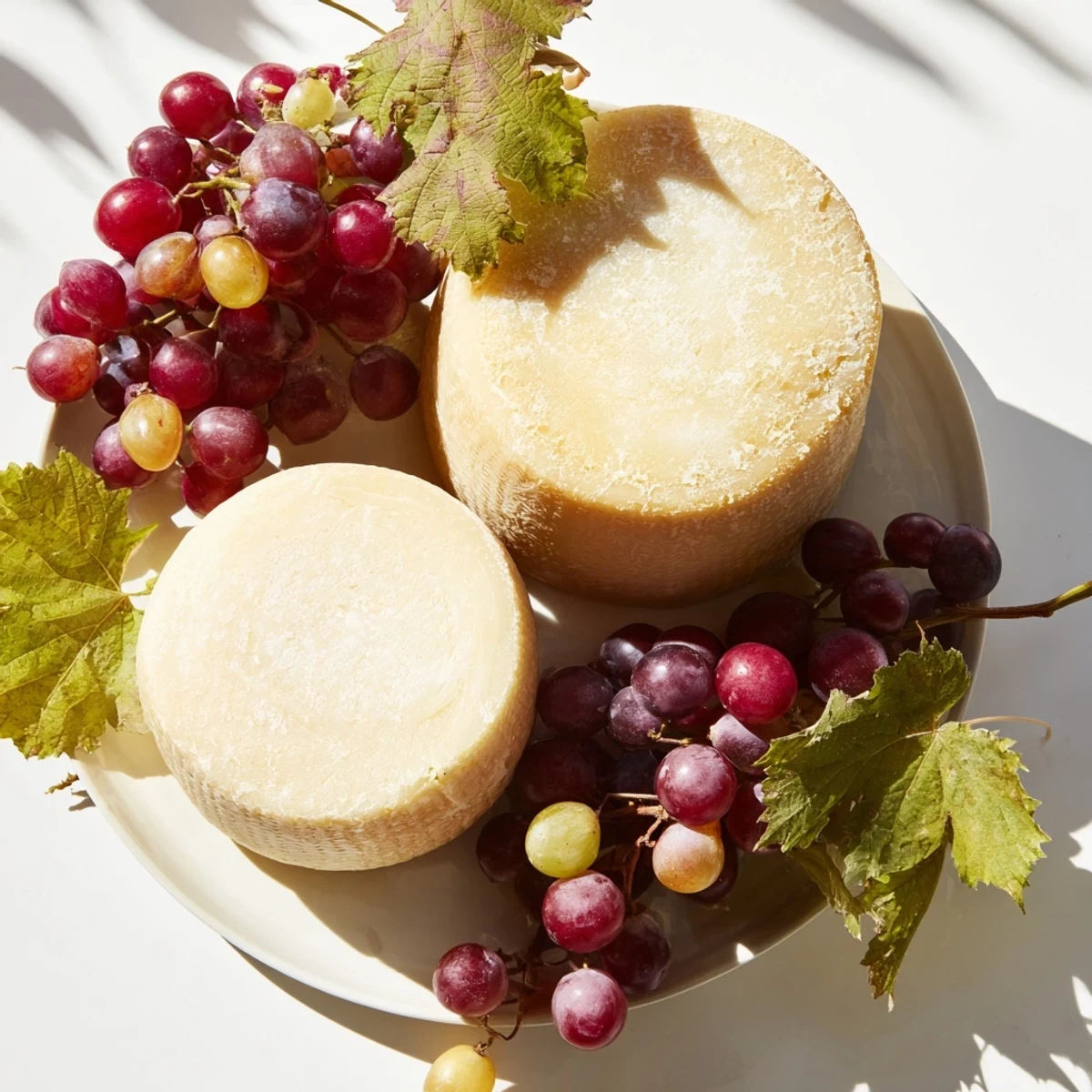Fresh, artisanal Rustic Vineyard cheese wheels adorned with grapevines and grapes, a stunning presentation.