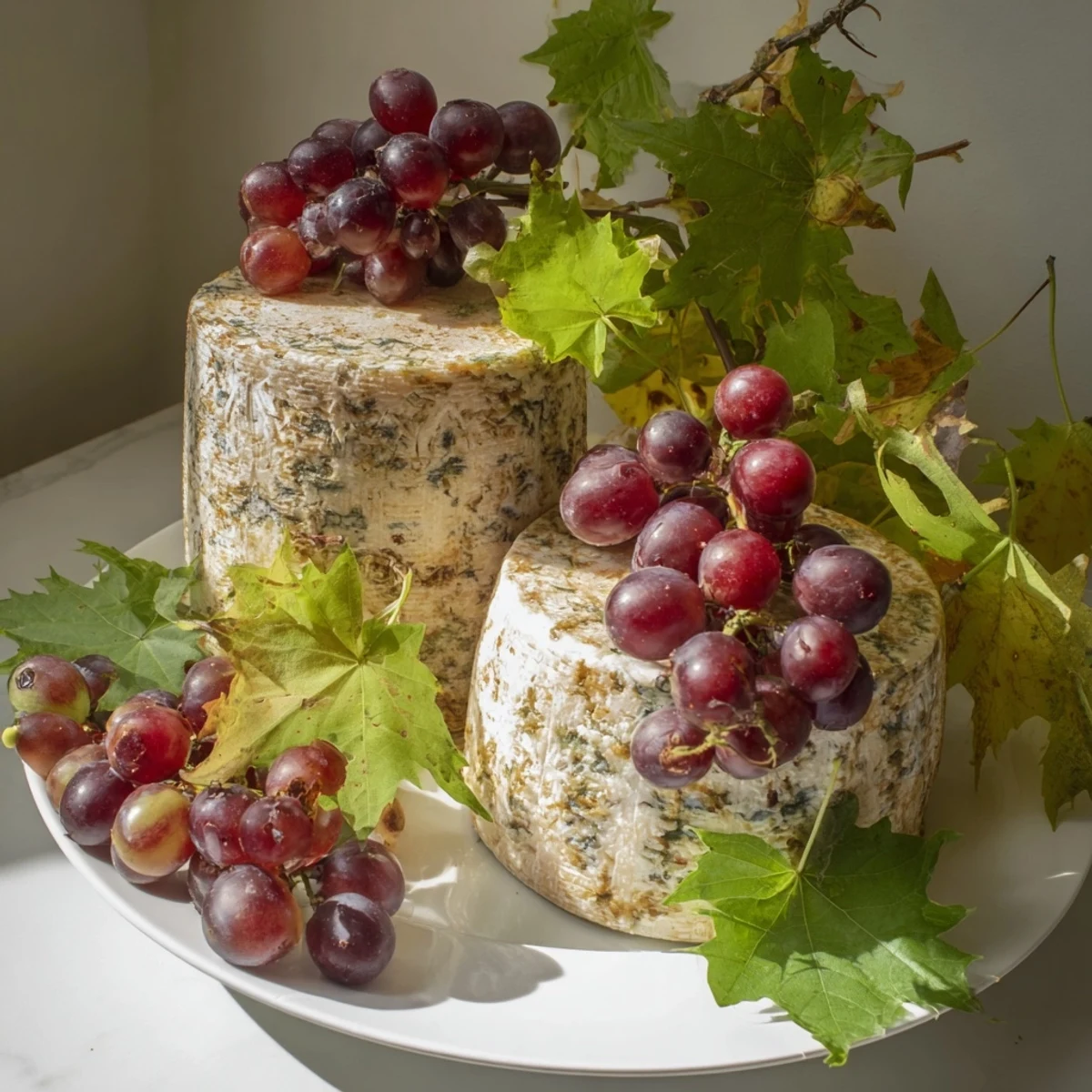A gorgeous Rustic Vineyard appetizer with cheese, green grapes amongst grapevine branches, perfect for sharing.