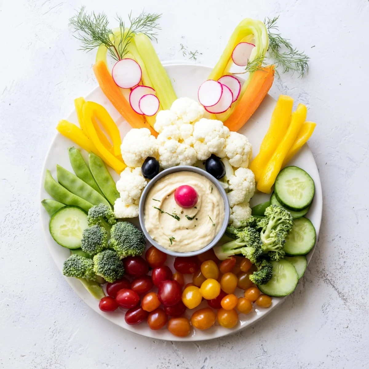 This festive Bunny Meadow Veggie Board features a delightful array of fresh vegetables arranged as a bunny.