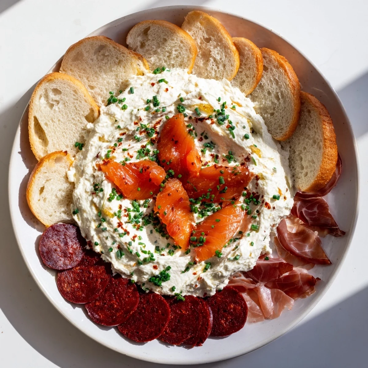 The appetizing Compass Rose features smoky salmon, chorizo, and prosciutto, surrounding a creamy dip.