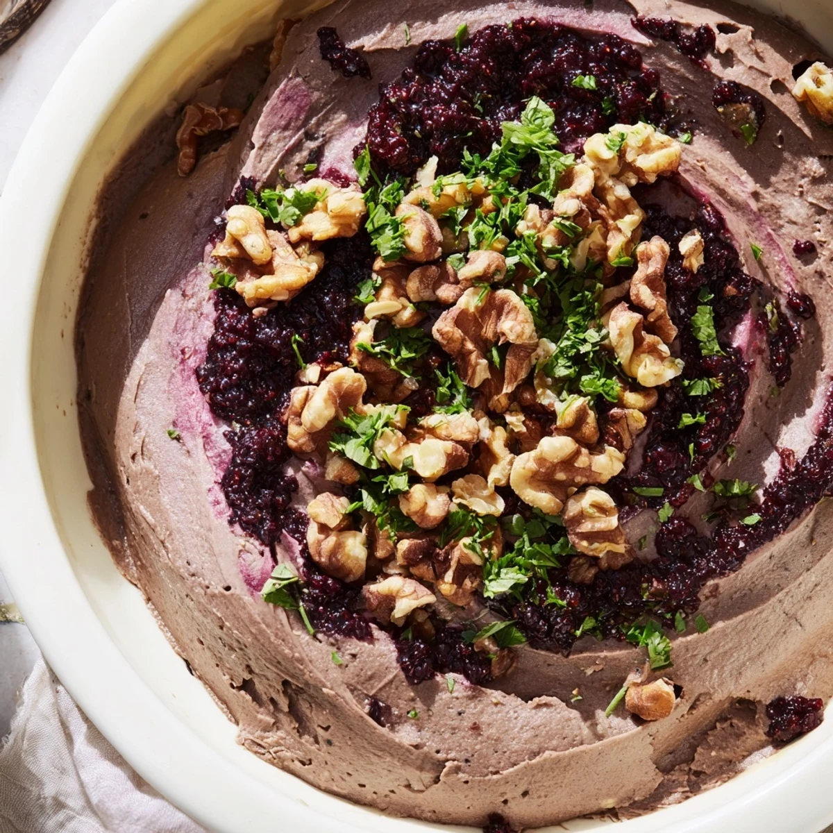 An enticing view of The Velvet Underground, with layers of pâté, glistening jam, and crunchy nuts, ready to enjoy.