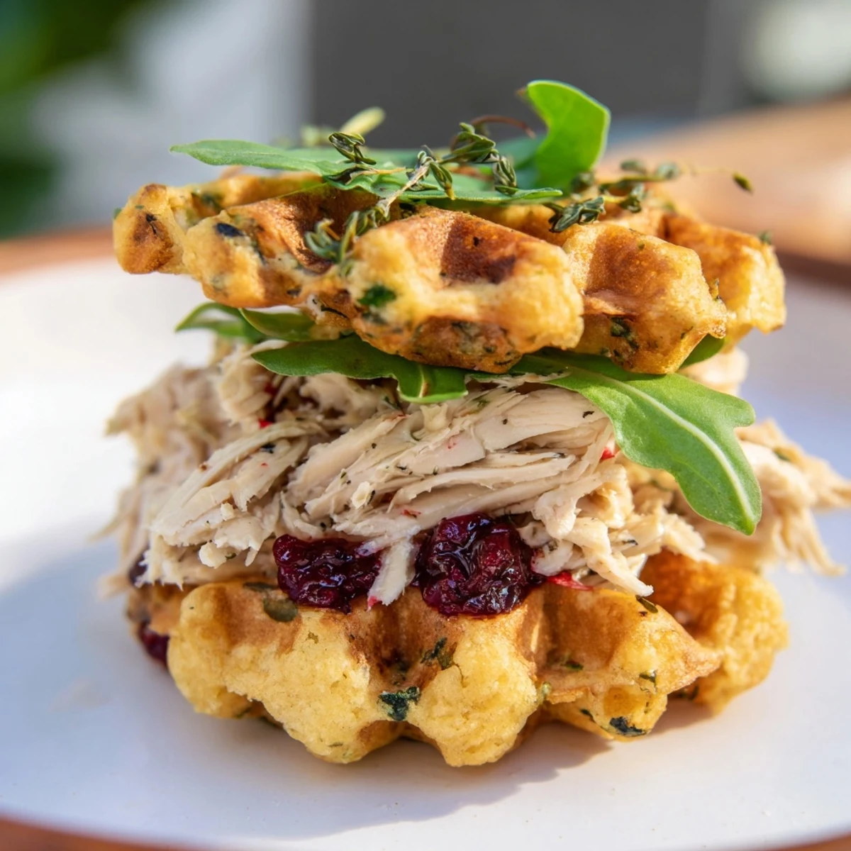 Savory Stuffing Waffle Chicken Sliders, showcasing crispy waffles filled with tender shredded chicken.