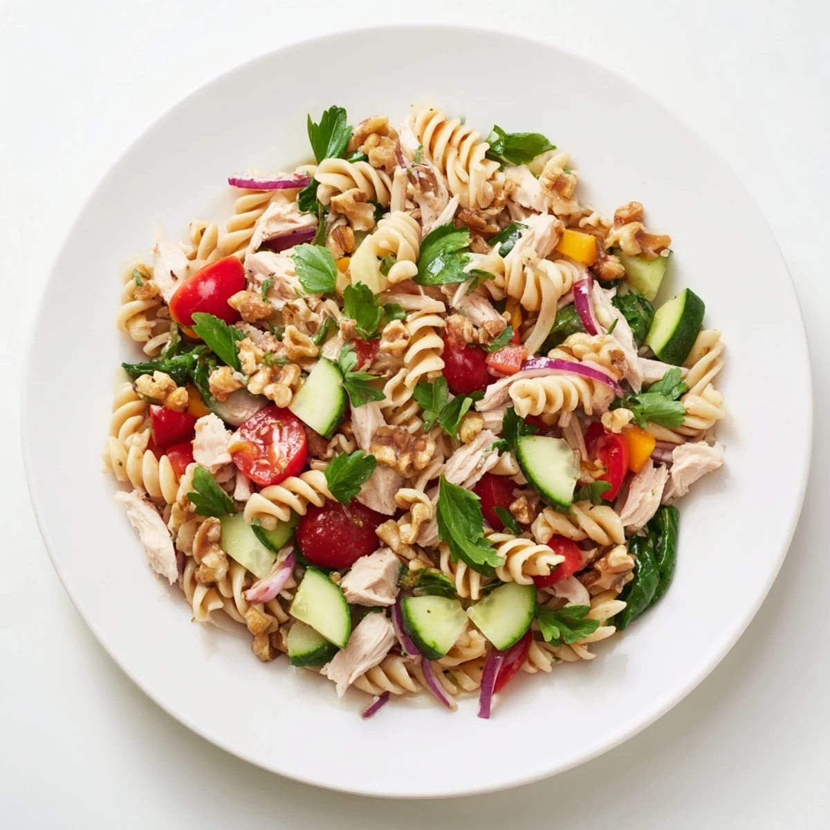 Creamy rotini pasta salad with cranberry vinaigrette, tossed with colorful vegetables and cooked chicken pieces.