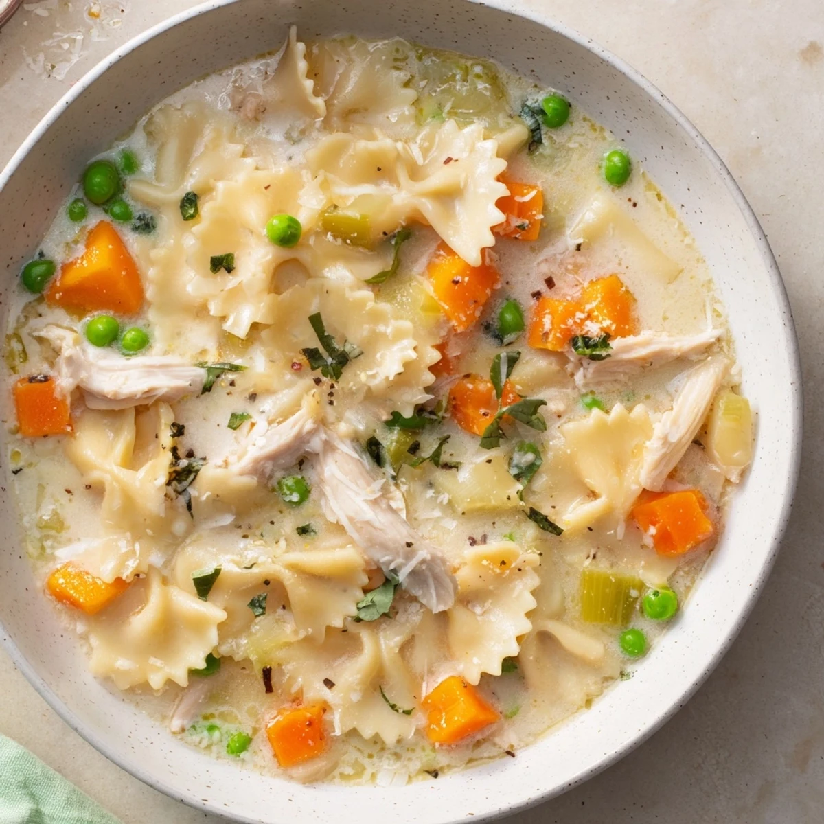Creamy, warm Chicken Pot Pie Pasta Soup: a comforting bowl of shredded chicken, tasty vegetables and pasta.