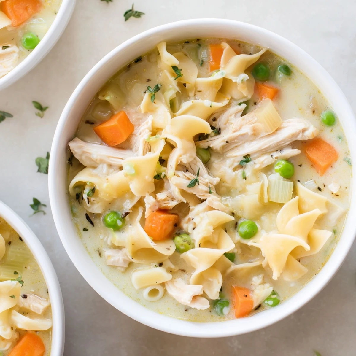 A close-up of finished Chicken Pot Pie Pasta Soup, garnished with green parsley for a flavorful main course.