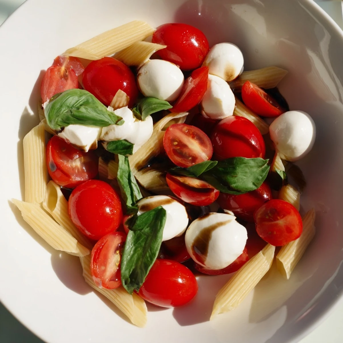 Fresh Caprese Pasta Salad with bright red tomatoes, creamy mozzarella, and a balsamic glaze drizzle.