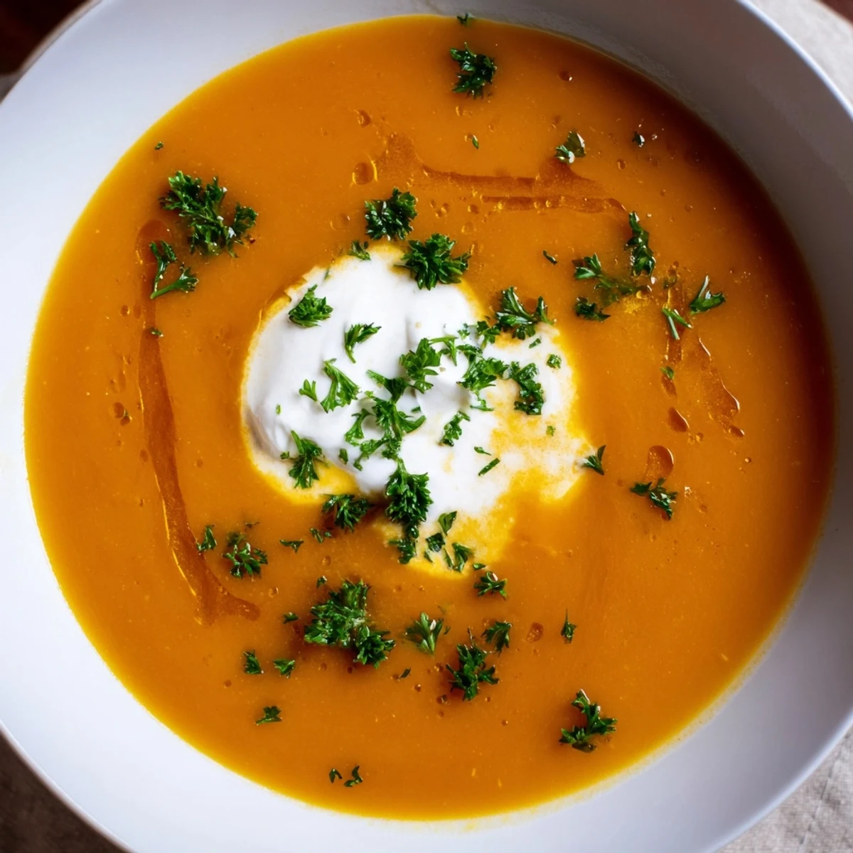 Creamy Sweet Maple Carrot Soup, garnished with parsley and ready for a cozy meal.