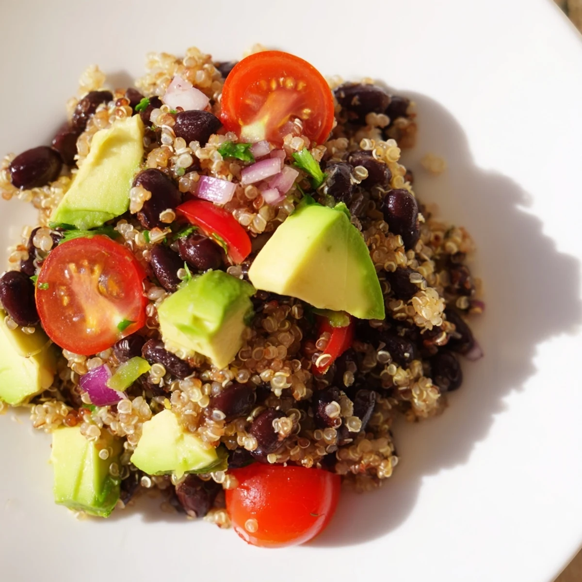 Cool, refreshing Quinoa Black Bean Salad ready to serve, perfect for a light vegetarian meal.