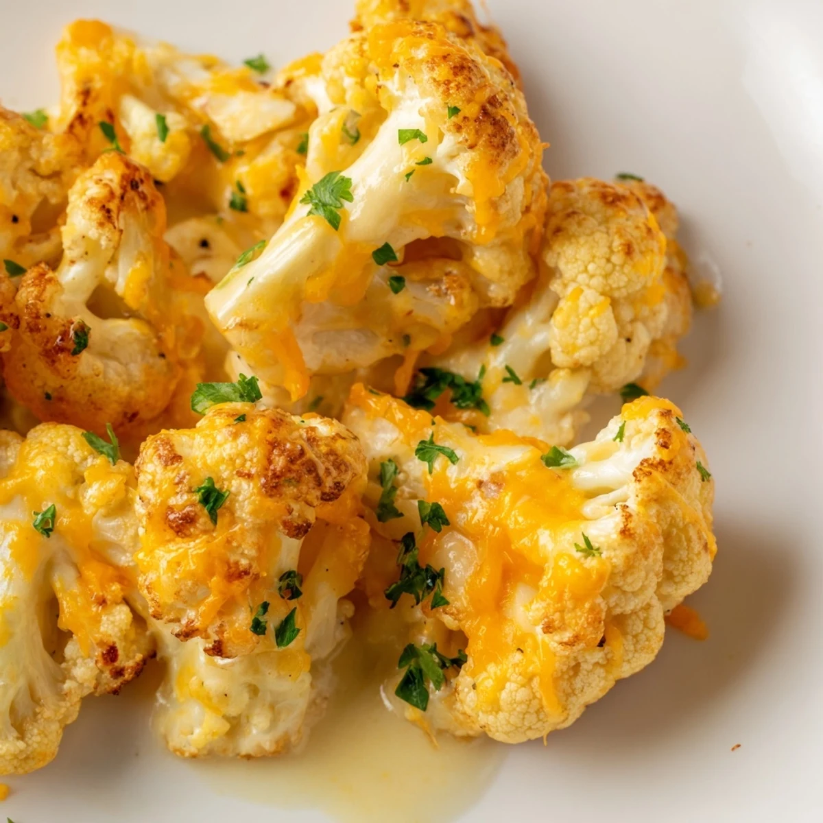 A bubbly casserole of Cheesy Cauliflower Mac with a golden cheesy topping, ready to serve.