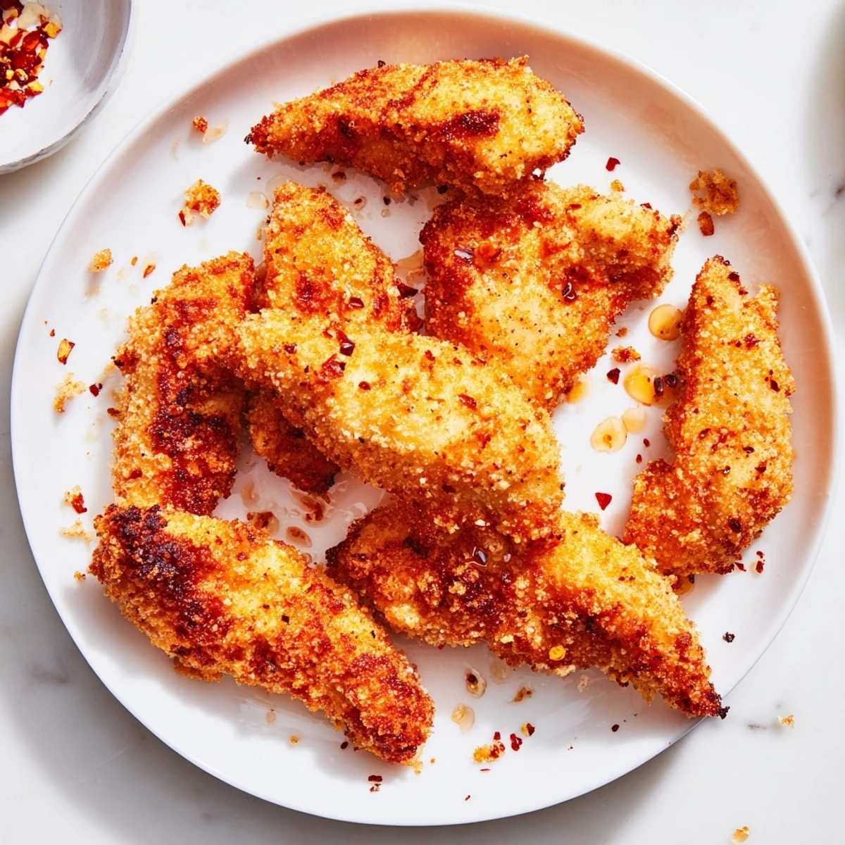 Golden brown crispy panko chicken tenders, drizzled with fiery hot honey, offering sweet and spicy flavors.