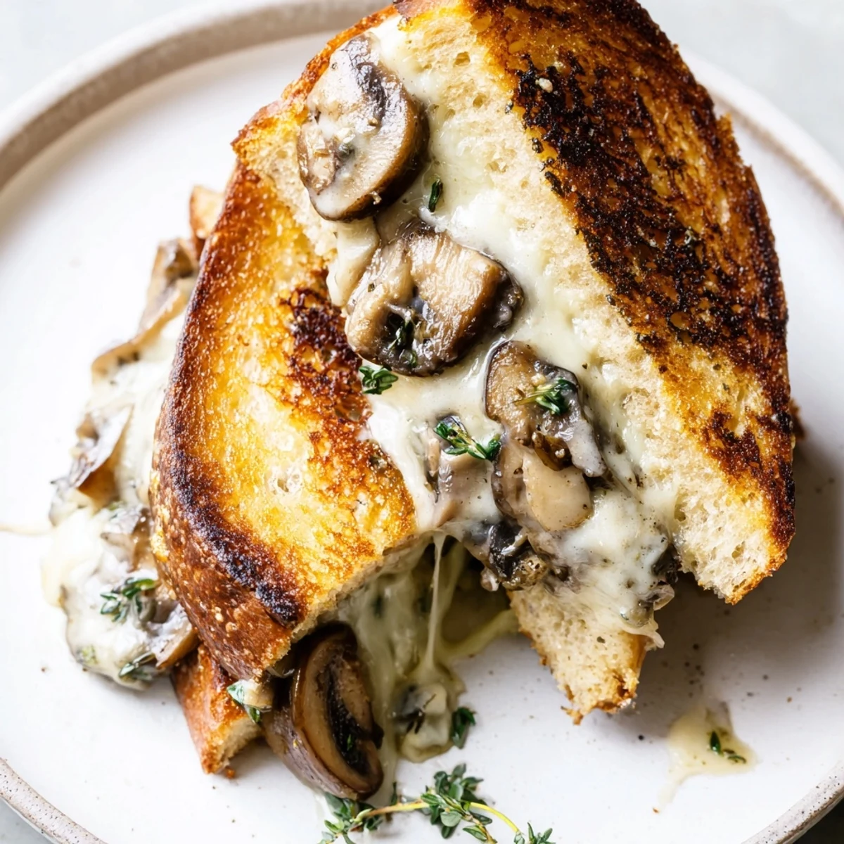A warm skillet displays a Creamy Mushroom Grilled Cheese, with golden bread and melted cheese inside.