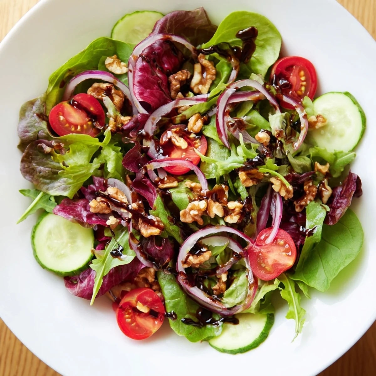 Fresh Quick Balsamic Vinegar Salad, tossed in a tangy balsamic glaze, ready to serve and enjoy.