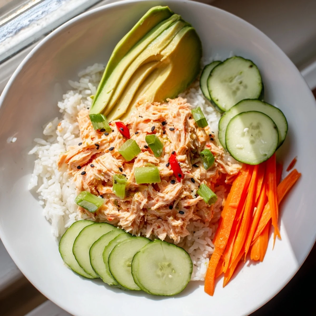 A close-up of a Spicy Canned Salmon Rice Bowl with vibrant colors and flaky salmon.