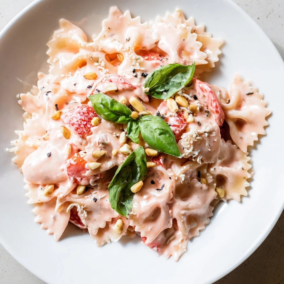 Vibrant Strawberry Sour Cream Pasta, coated in a pink sauce, sprinkled with fresh basil.