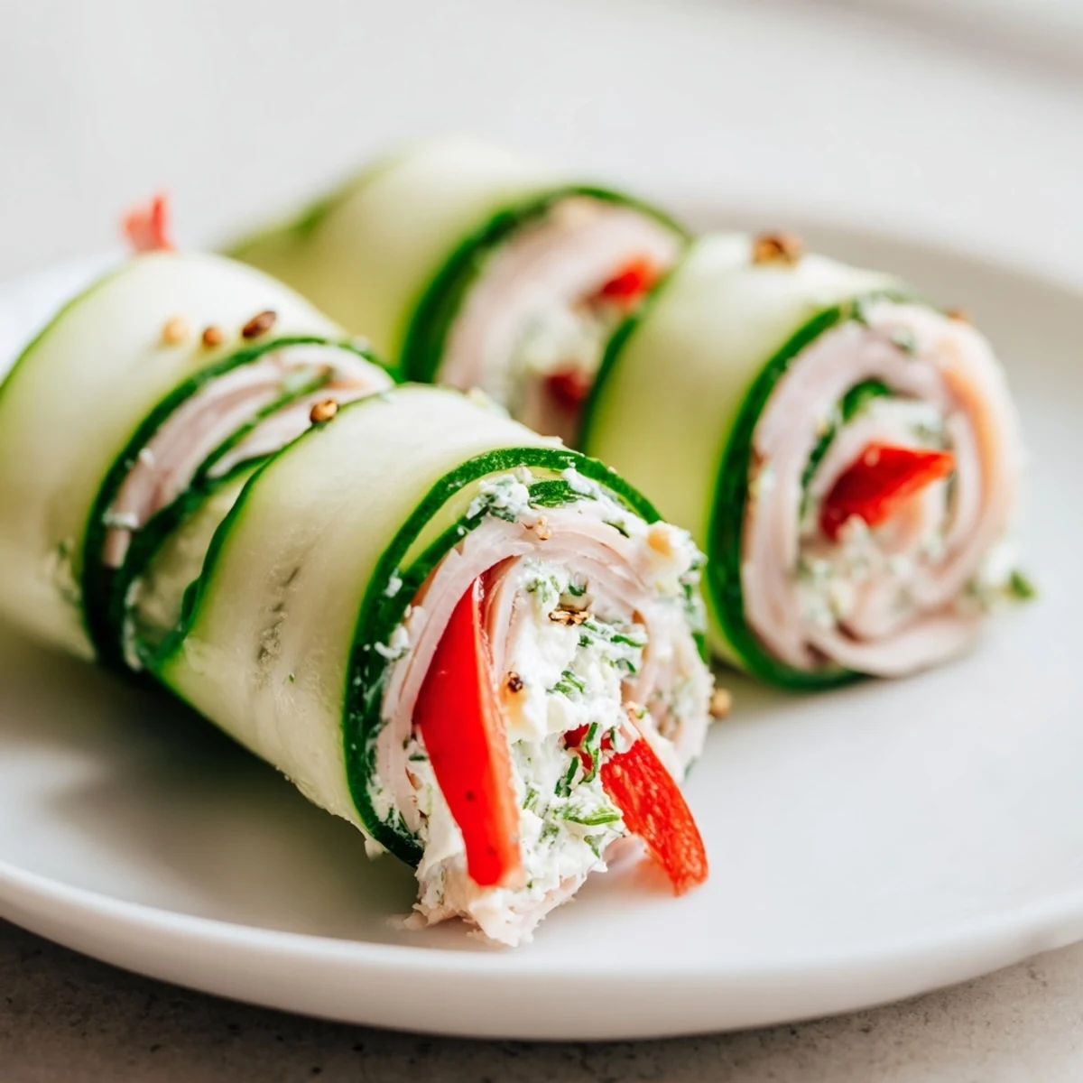 Crispy cucumber roll-ups, beautifully presented, filled with savory turkey and creamy goodness.