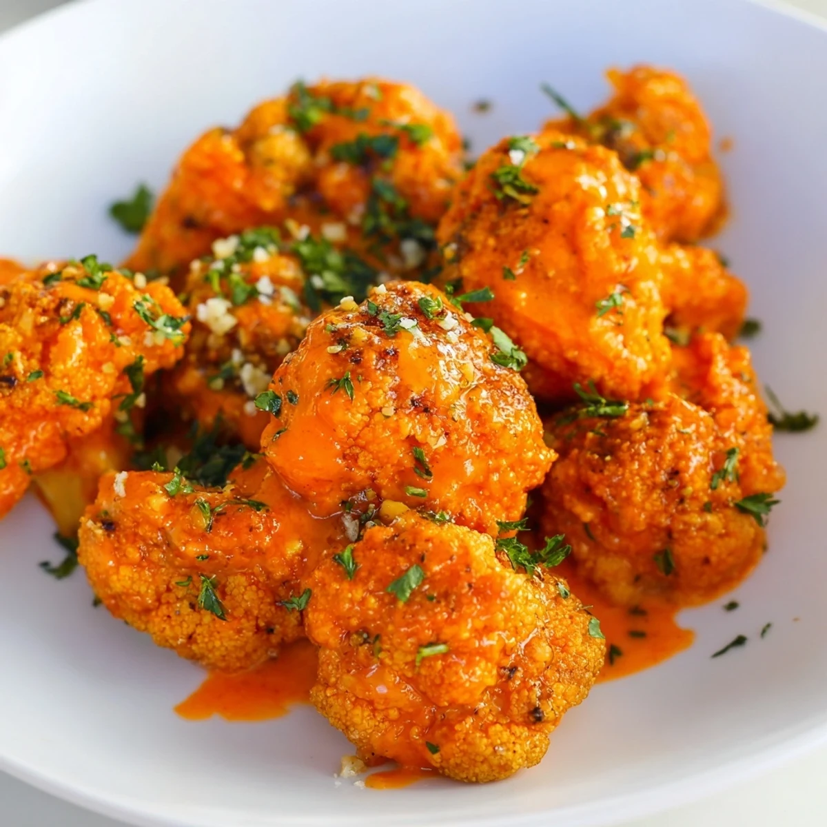 Golden-brown Buffalo Cauliflower Bites, crispy and tossed in a vibrant, spicy sauce, ready to eat.