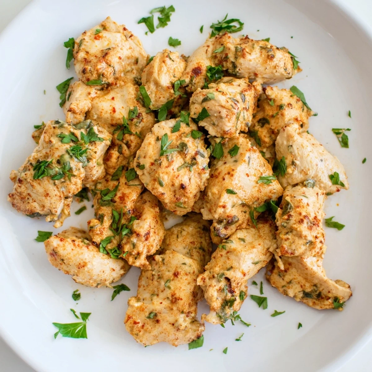 Golden-brown Greek yogurt chicken, tender and baked to juicy perfection, ready to serve with lemon wedges.