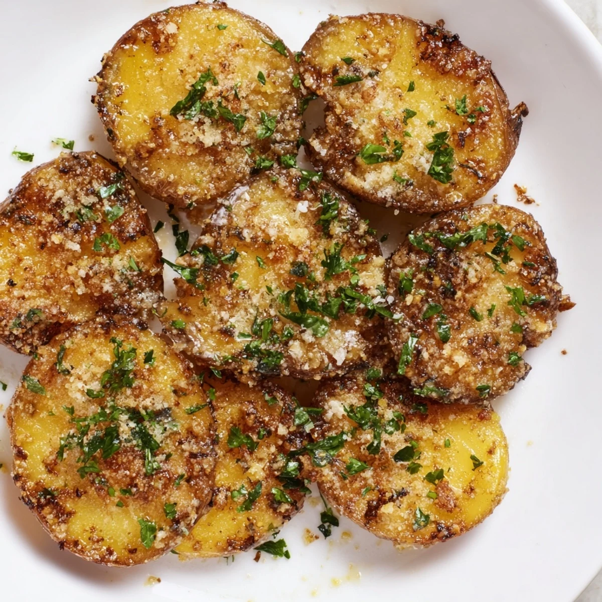 Golden, crispy Garlic Parmesan Potatoes freshly baked, ready to be served as an irresistible side.