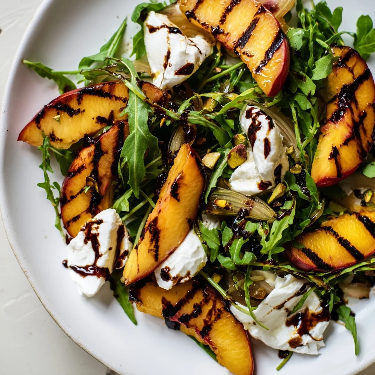 Sweet grilled peaches in this fresh Grilled Peach Salad, drizzled with balsamic glaze and creamy burrata.