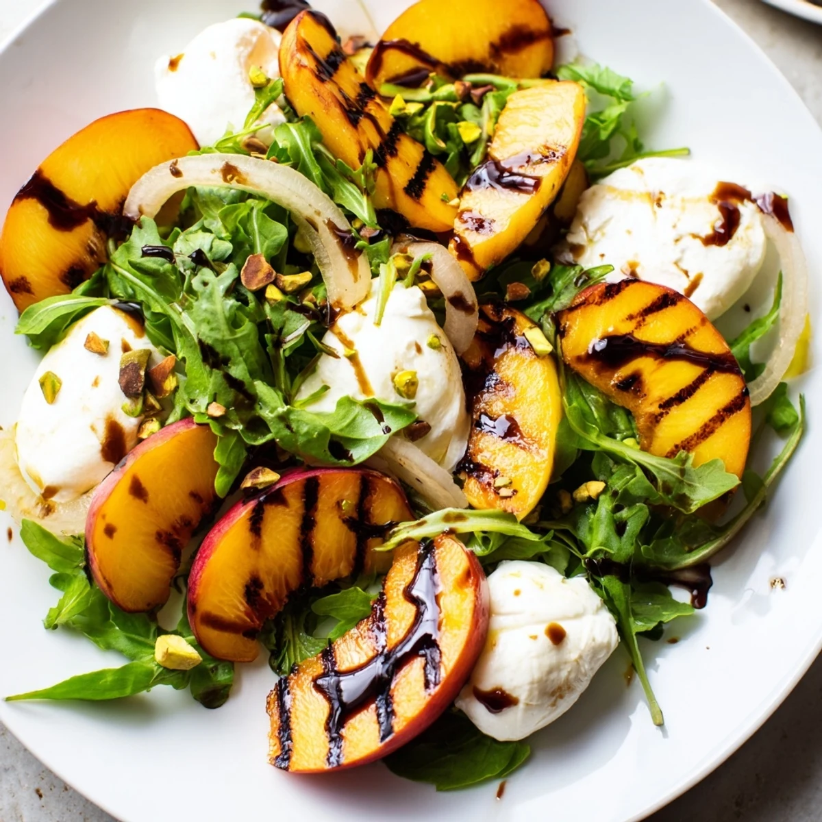 Mouthwatering image of a bright Grilled Peach Salad, featuring grilled peach wedges alongside arugula and burrata.