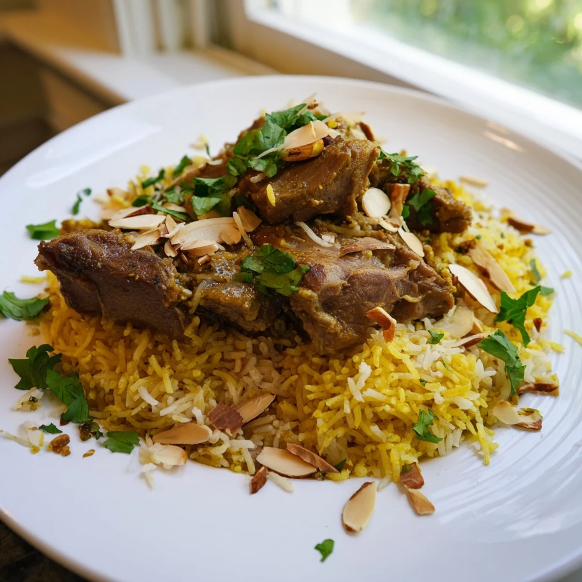 Steaming bowl of Qatari Majboos: fluffy rice with tender lamb, garnished with cilantro and almonds.