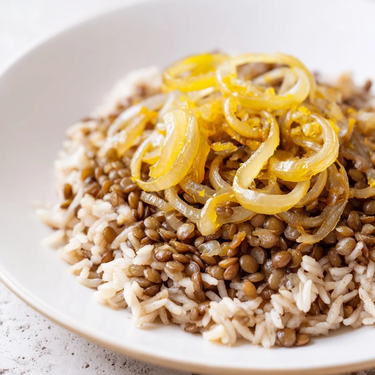 Golden caramelized onions crown a bowl of flavorful Lebanese Mjadra, seasoned with warming spices for dinner tonight.