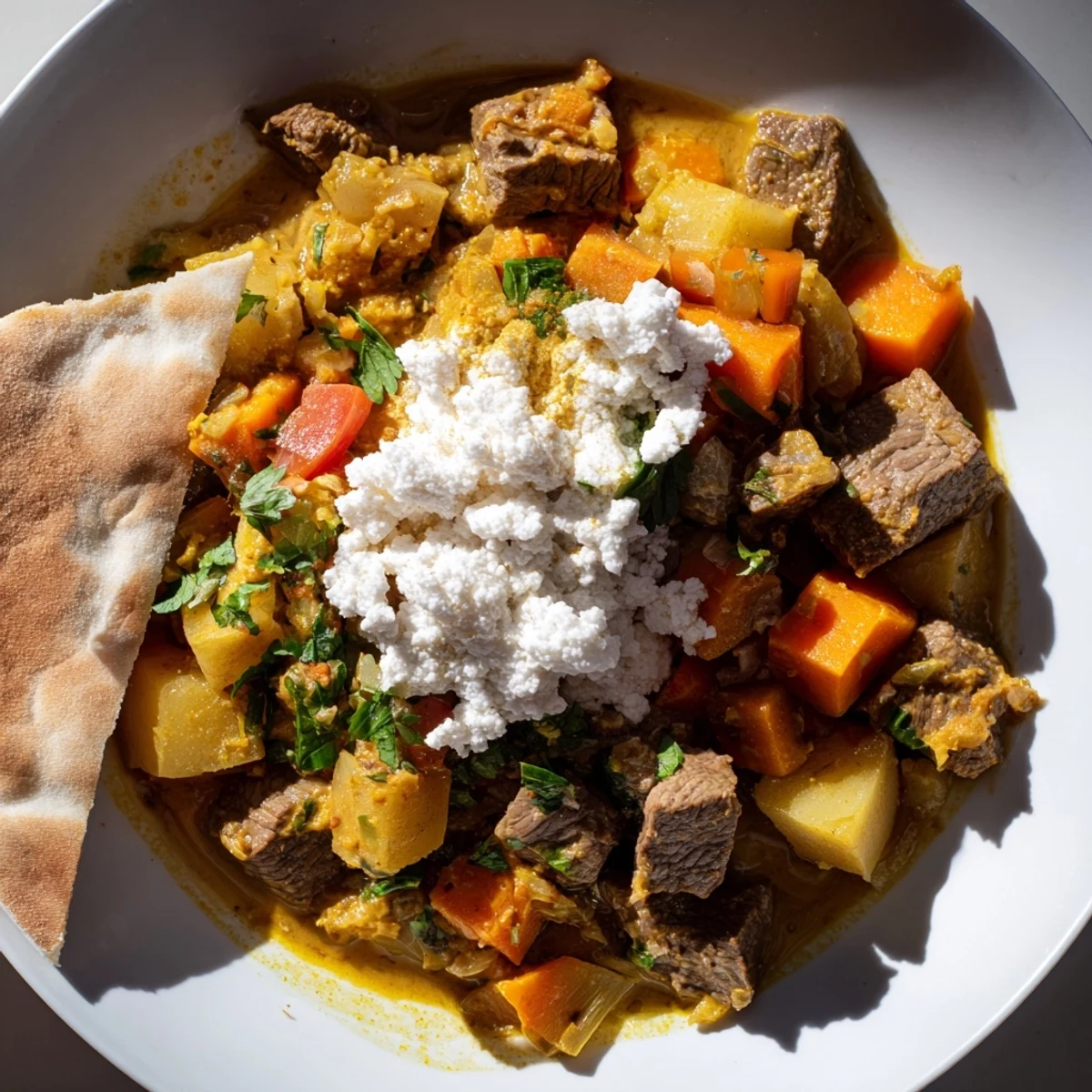 A serving of aromatic Yemeni Saltah stew, spooned over flatbread, ready to enjoy.