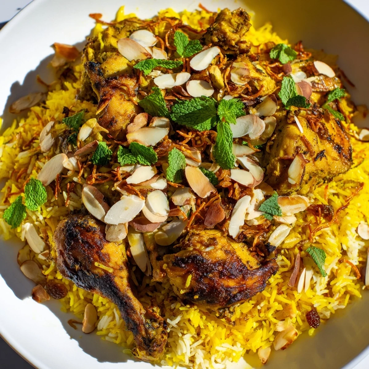 Golden Kuwaiti Biryani Rice, aromatic with saffron, spices, and tender meat, ready to enjoy.