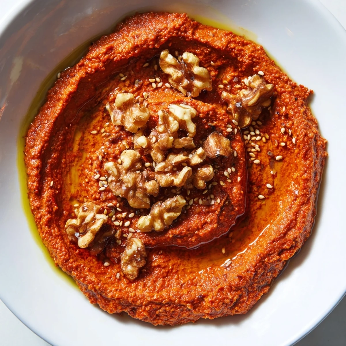 Creamy homemade Syrian Muhammara with toasted walnuts, sweet pomegranate molasses, ready to enjoy.