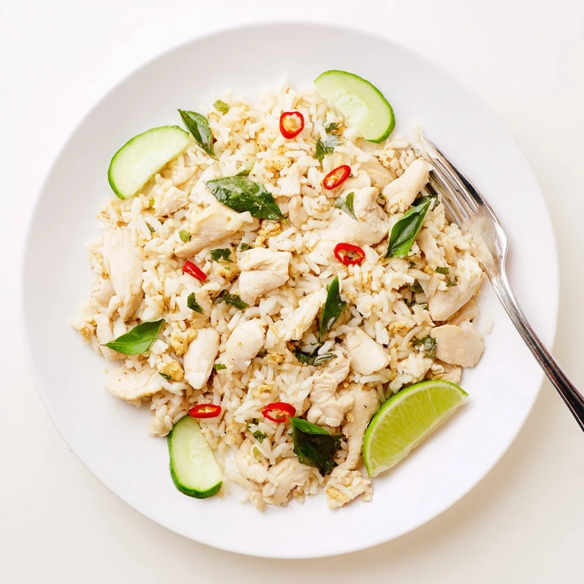 Spicy Thai Basil Chicken Fried Rice wok-fried with chicken, chilies, and jasmine rice, garnished with lime and fresh cucumber.  