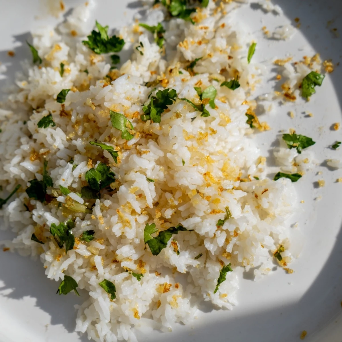 Fluffy jasmine rice grains glisten with golden garlic oil in a white bowl, garnished with fresh green cilantro.