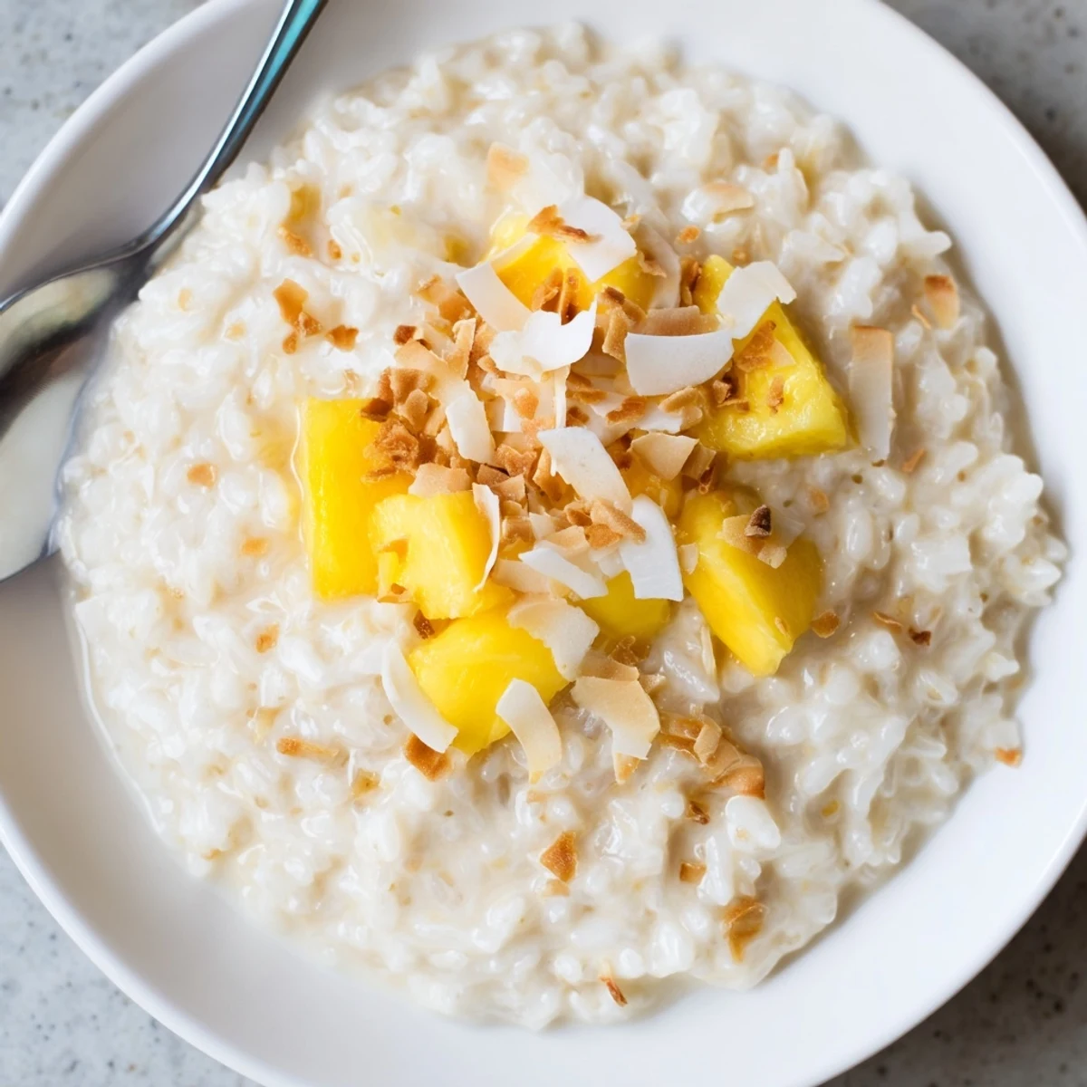 Close-up view of Coconut Rice Sweet dessert, showcasing tender grains glistening with sweet coconut cream and a sprinkle of toasted coconut.