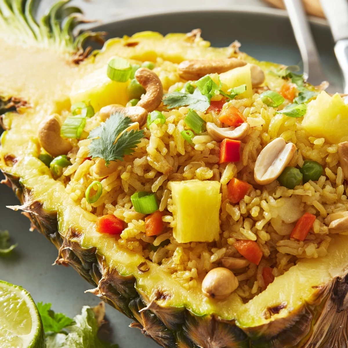 Colorful bowl of homemade Pineapple Fried Rice, featuring sweet pineapple chunks, green peas, and red bell peppers, ready for a delicious vegetarian dinner.