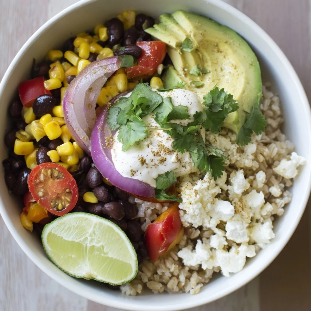 A wholesome vegetarian Brown Rice Burrito Bowl topped with melty cheese, a dollop of sour cream, fresh cilantro, and zesty lime wedges.
