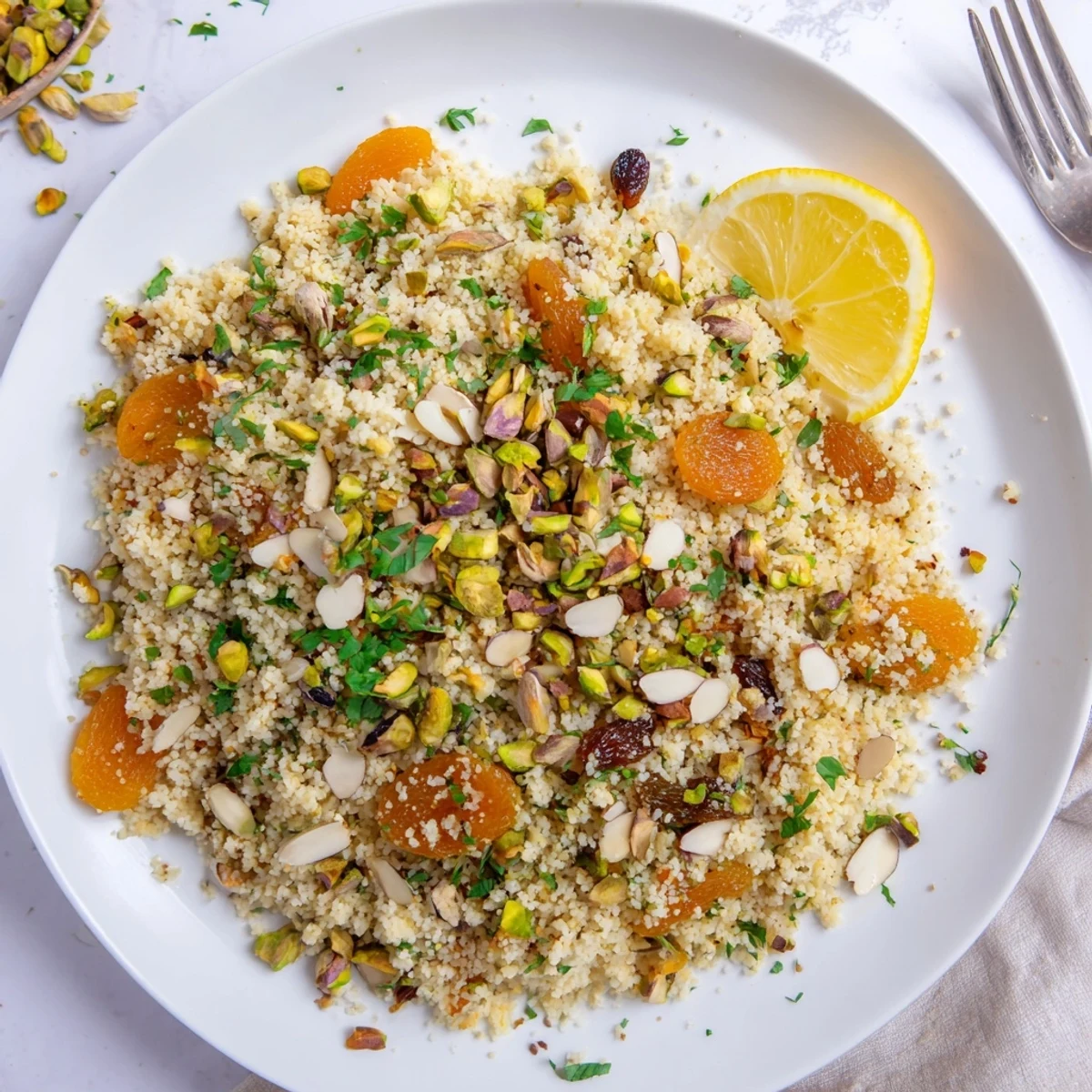 Golden couscous pilaf spiced with turmeric and cinnamon, dotted with dried fruits, toasted nuts, and fresh parsley for vibrant color.
