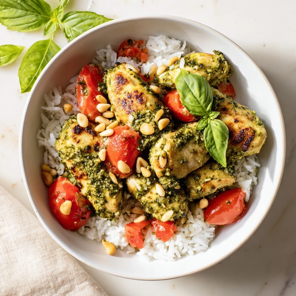 Golden, pesto-coated chicken pieces nestled over fluffy white rice, topped with fresh diced tomatoes and a sprinkle of pine nuts.