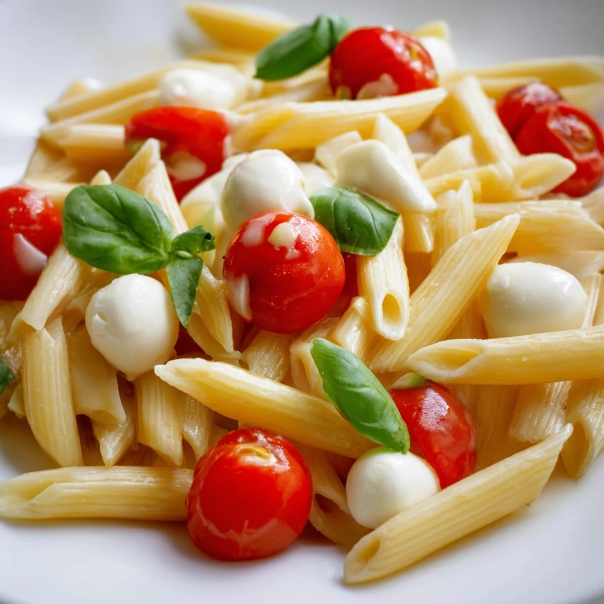 Colorful Caprese Salad Pasta features torn basil, halved tomatoes, and mozzarella pearls, served chilled for a refreshing meal.