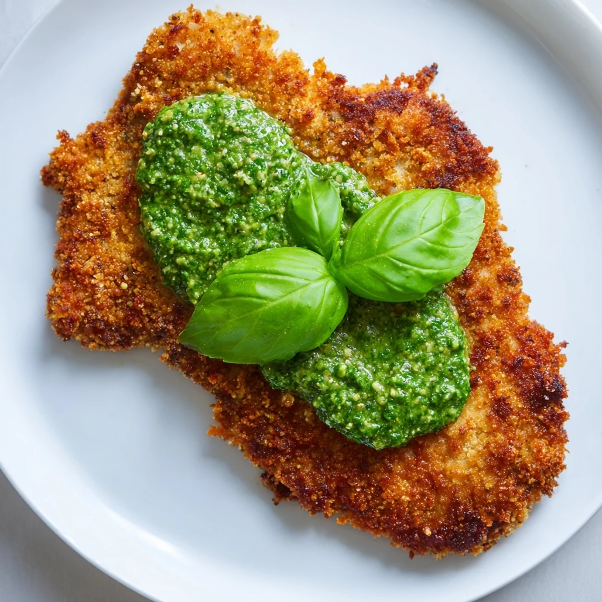 Crispy Pesto Chicken Cutlets are golden brown, pan-fried cutlets topped with a vibrant green pesto and fresh basil garnish.