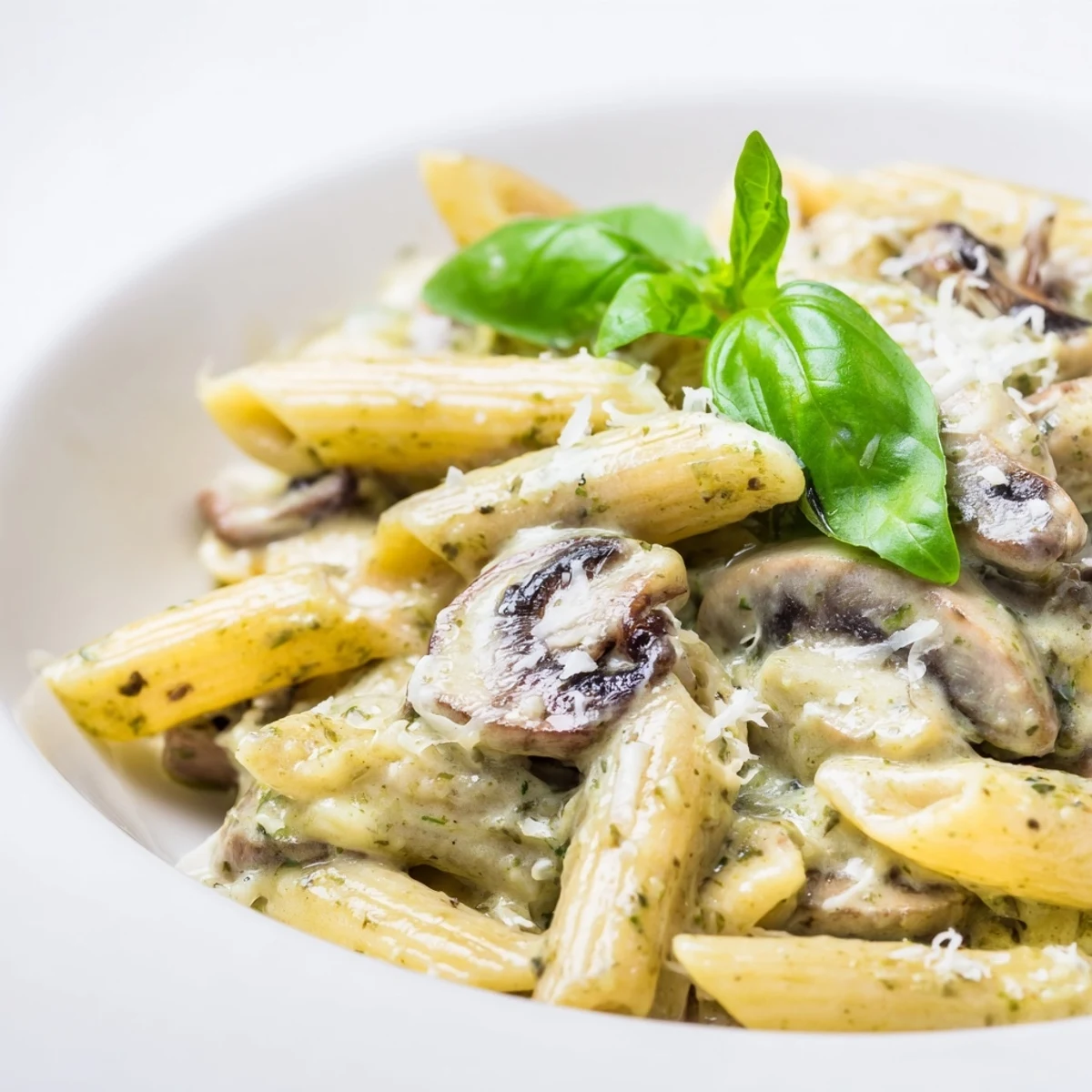Plate of homemade Mushroom Pesto Pasta with sliced cremini mushrooms and creamy green sauce, perfect for a vegetarian dinner.